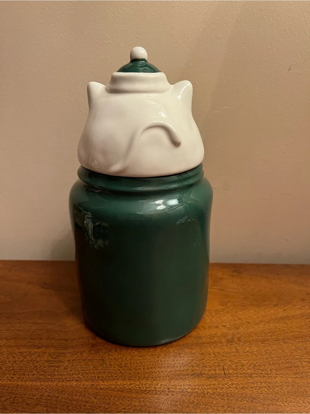 Rae Dunn Ceramic Cat Treat Jar in Green - Peace Love & Purrs